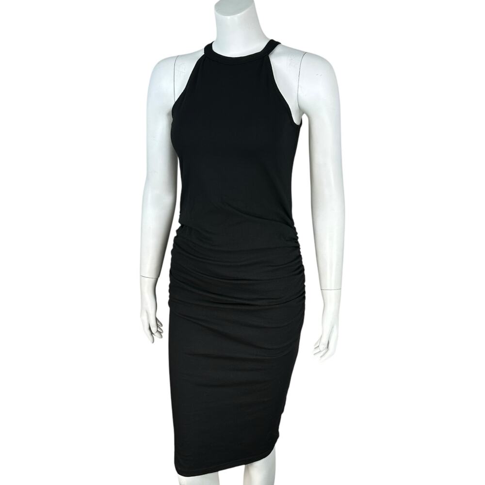 Michael Stars Haillie Knit Halter Midi Dress Size Medium Bodycon Black Rouched